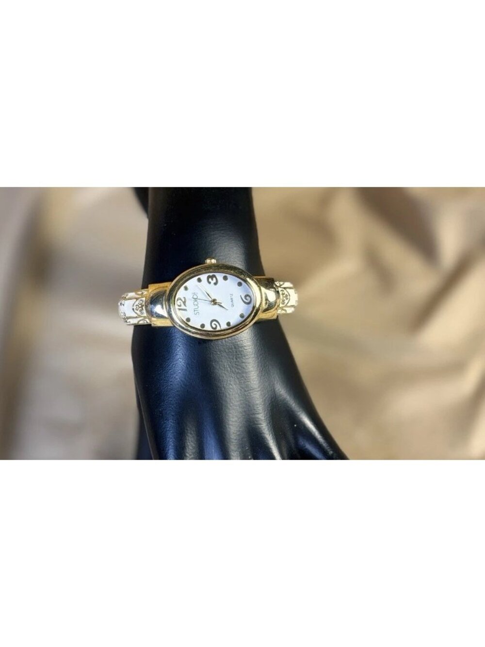 Studio Time Watch Women 25mm Gold Tone White Enamel Open Cuff A38